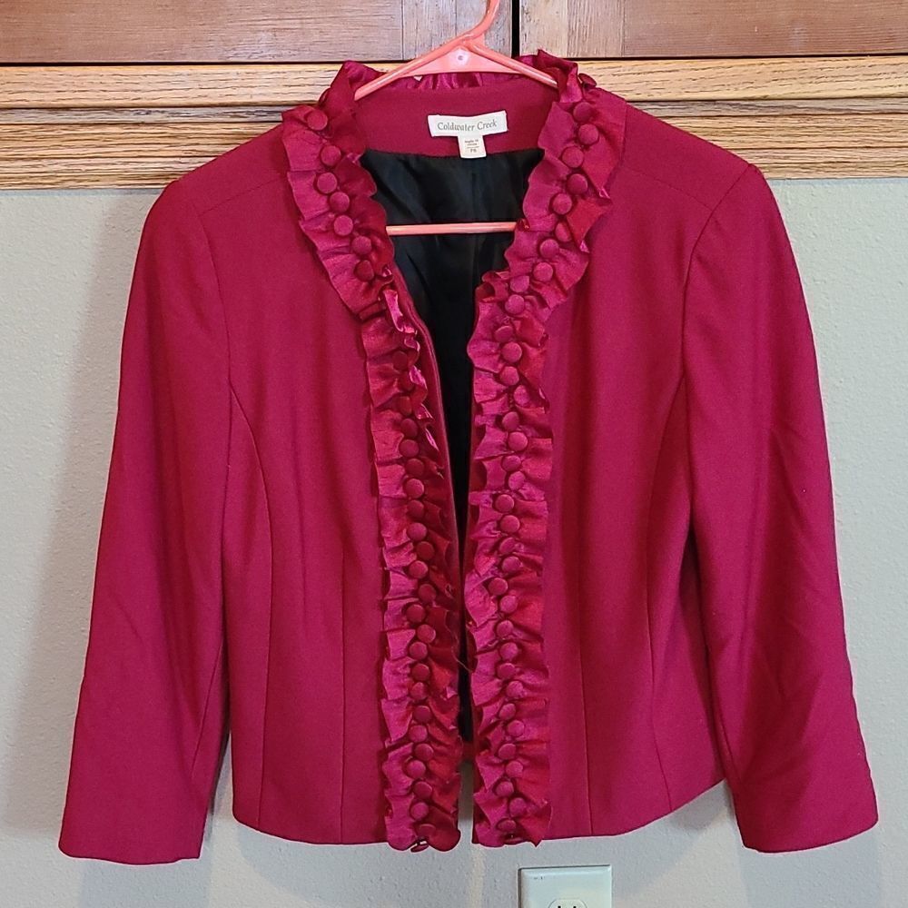Coldwater‎ creek womens burgendy ribbon detailed collar blazer size p8